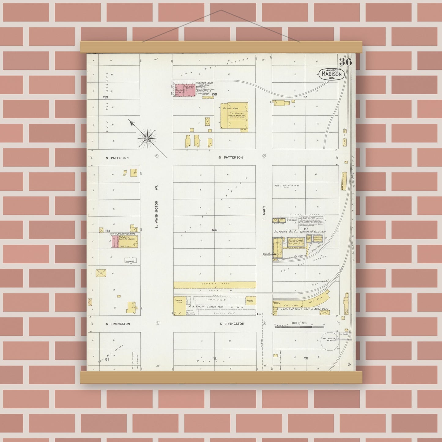 Old map wall art mockup — magnetic wood frame on brick wall — Sanborn Fire Insurance Map from Madison, Dane County, Wisconsin (1902), Sheet #0036
