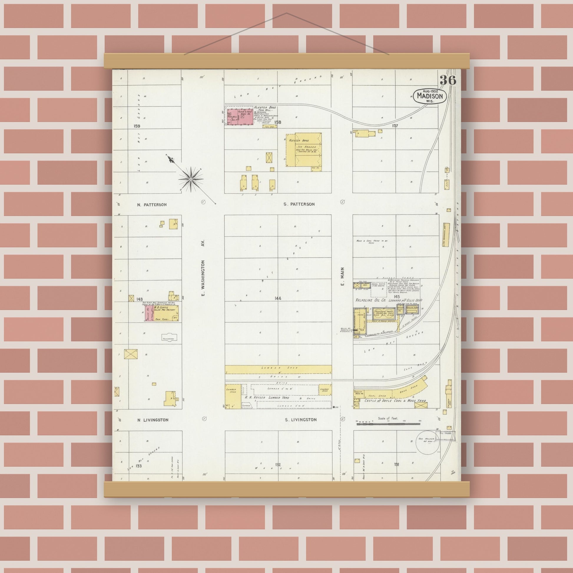 Old map wall art mockup — magnetic wood frame on brick wall — Sanborn Fire Insurance Map from Madison, Dane County, Wisconsin (1902), Sheet #0036