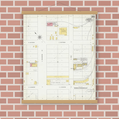 Old map wall art mockup — magnetic wood frame on brick wall — Sanborn Fire Insurance Map from Madison, Dane County, Wisconsin (1902), Sheet #0036