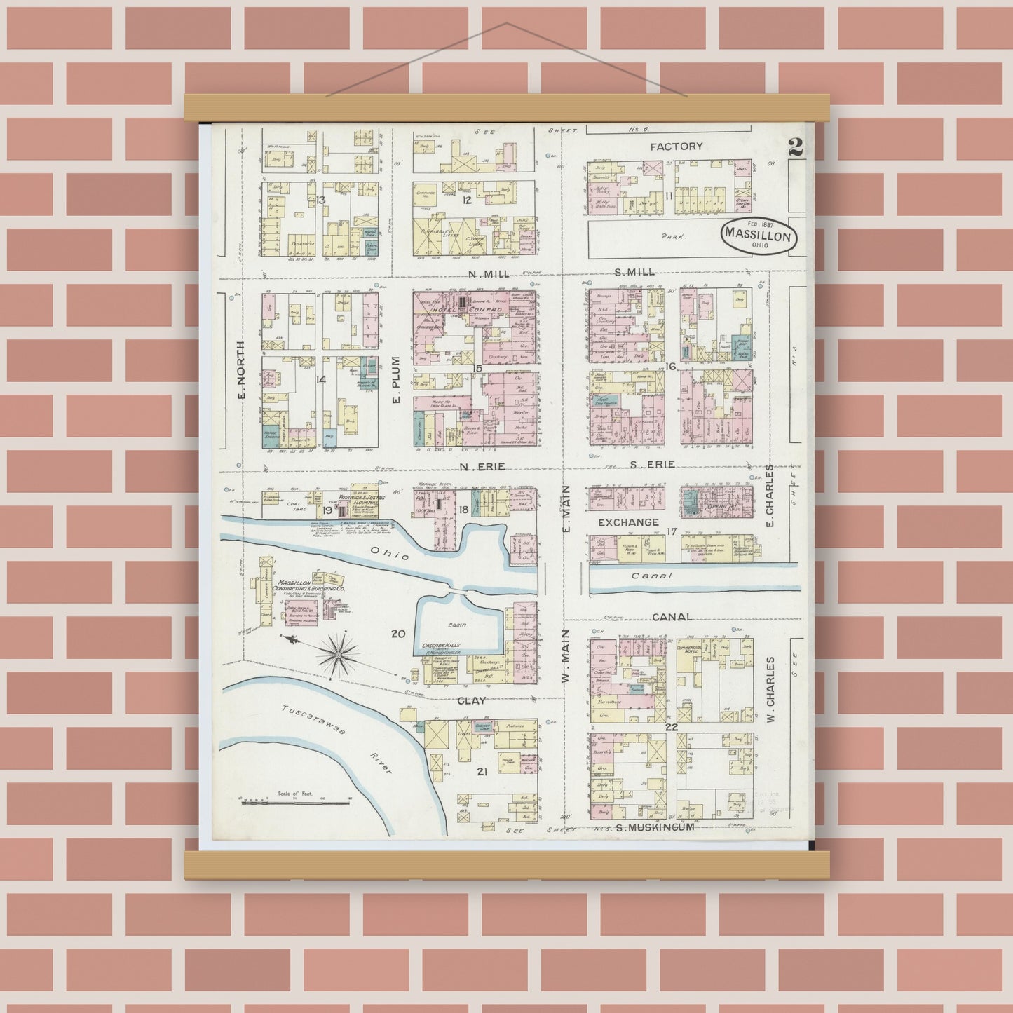 Old map wall art mockup — magnetic wood frame on brick wall — Sanborn Fire Insurance Map from Massillon, Stark County, Ohio (1887), Sheet #0002