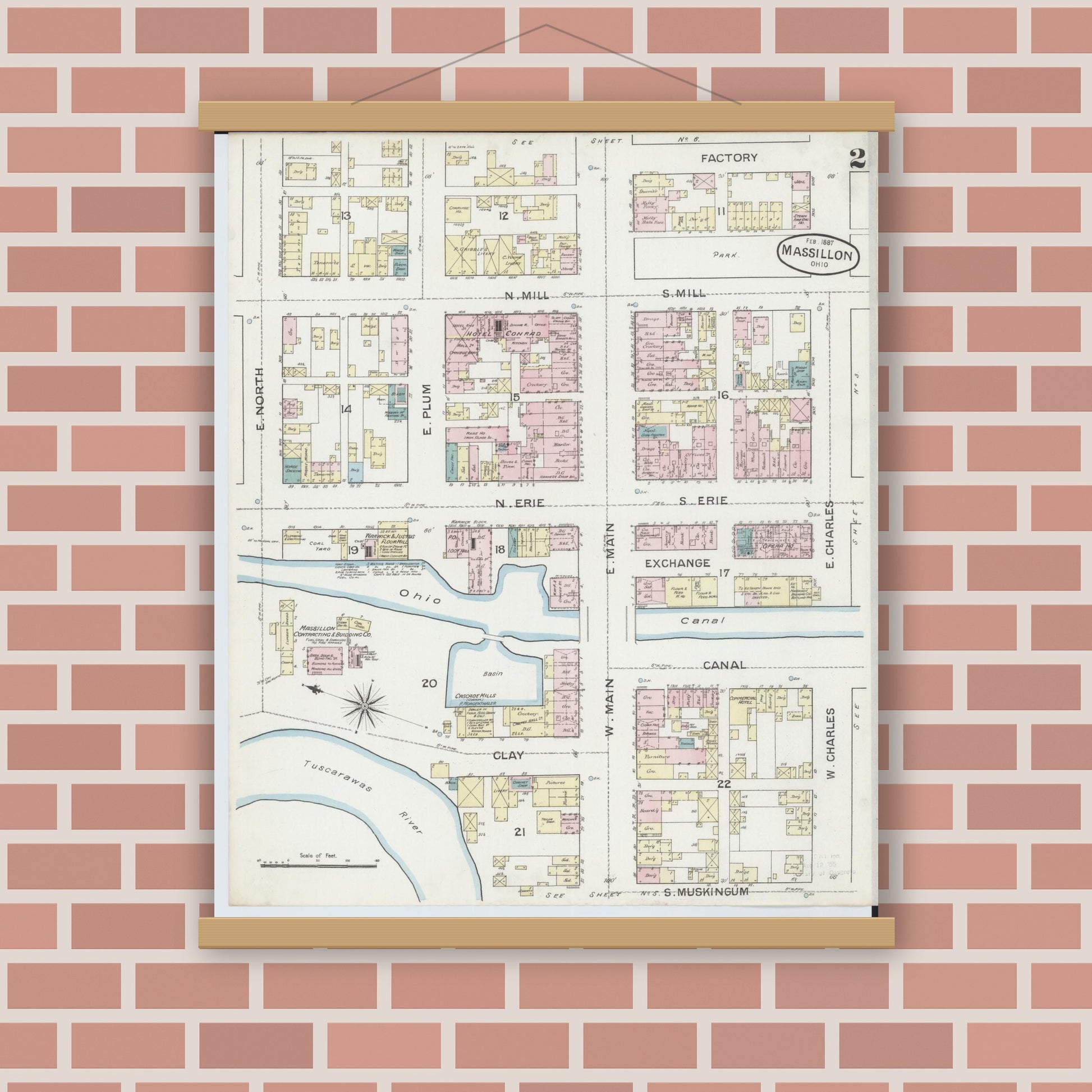 Old map wall art mockup — magnetic wood frame on brick wall — Sanborn Fire Insurance Map from Massillon, Stark County, Ohio (1887), Sheet #0002
