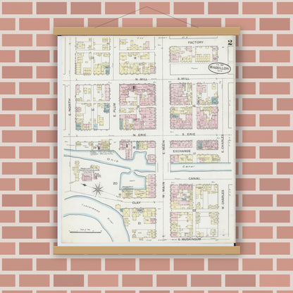 Old map wall art mockup — magnetic wood frame on brick wall — Sanborn Fire Insurance Map from Massillon, Stark County, Ohio (1887), Sheet #0002