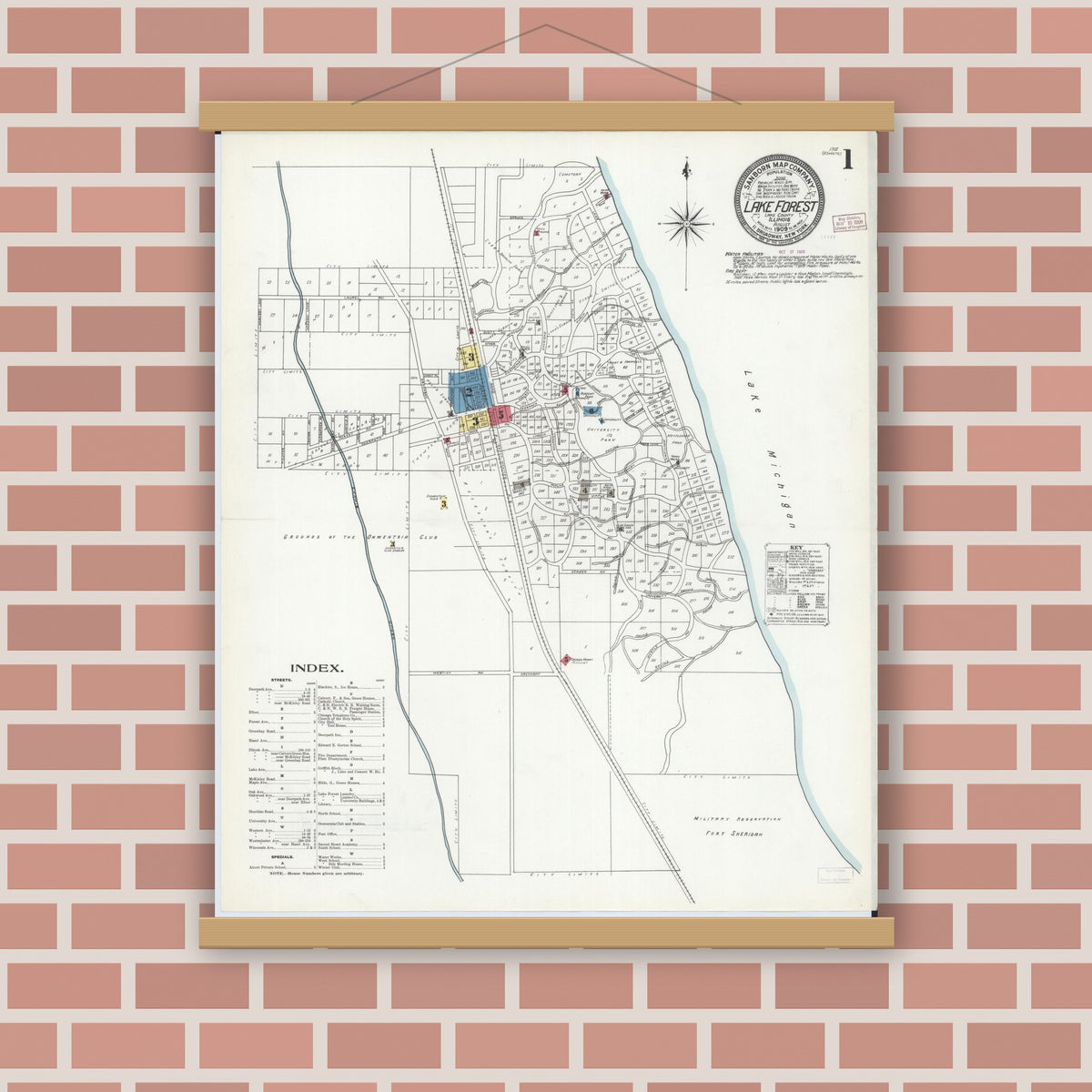 Old map wall art mockup — magnetic wood frame on brick wall — Sanborn Fire Insurance Map from Lake Forest, Lake County, Illinois (1909) - Complete Map Set