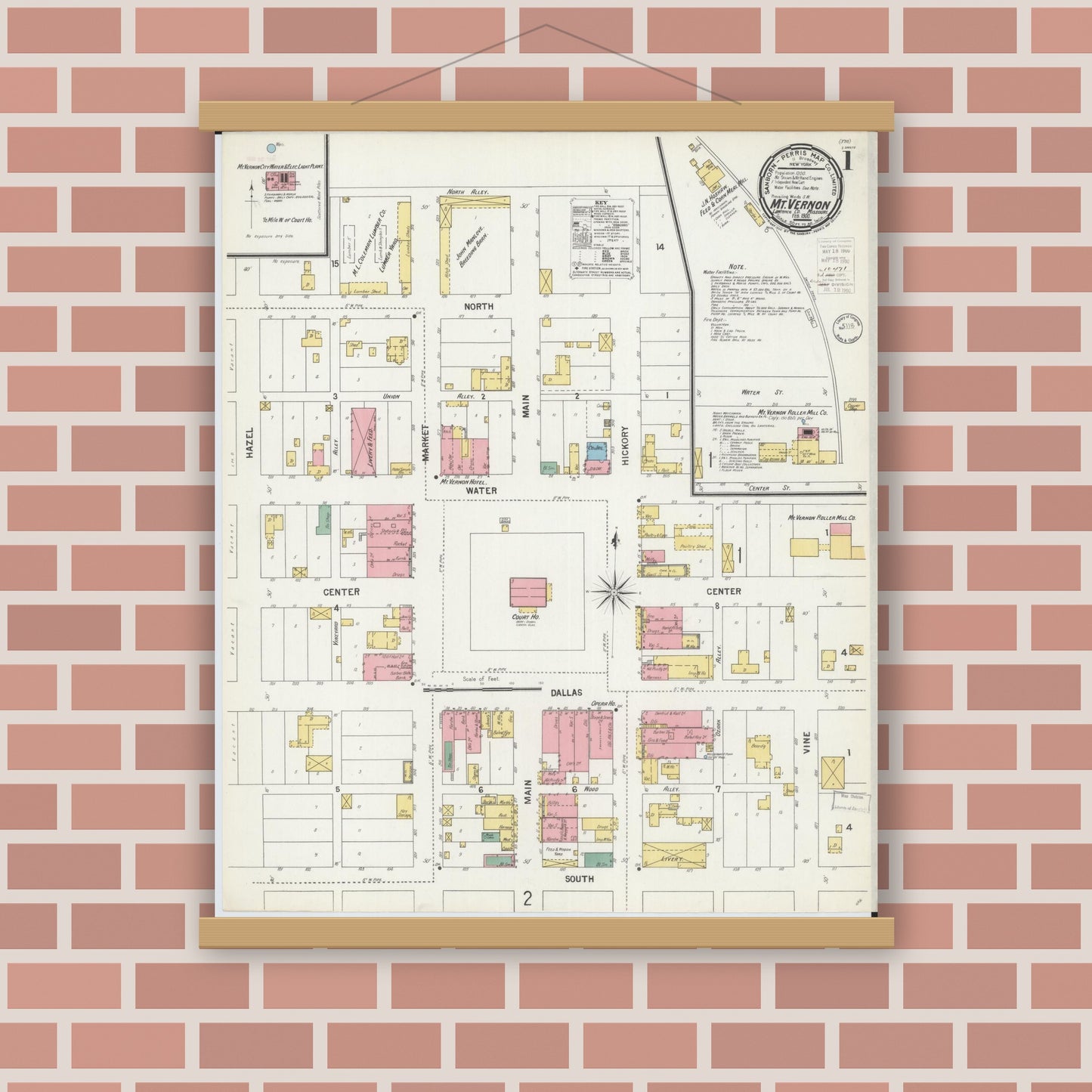 Old map wall art mockup — magnetic wood frame on brick wall — Sanborn Fire Insurance Map from Mount Vernon, Lawrence County, Missouri (1900), Sheet #0001