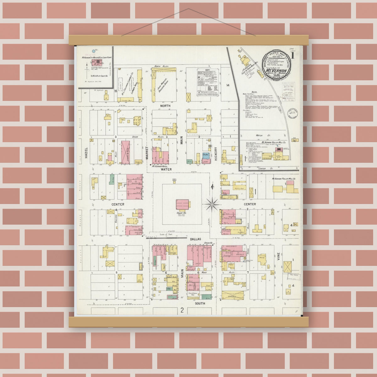 Old map wall art mockup — magnetic wood frame on brick wall — Sanborn Fire Insurance Map from Mount Vernon, Lawrence County, Missouri (1900), Sheet #0001