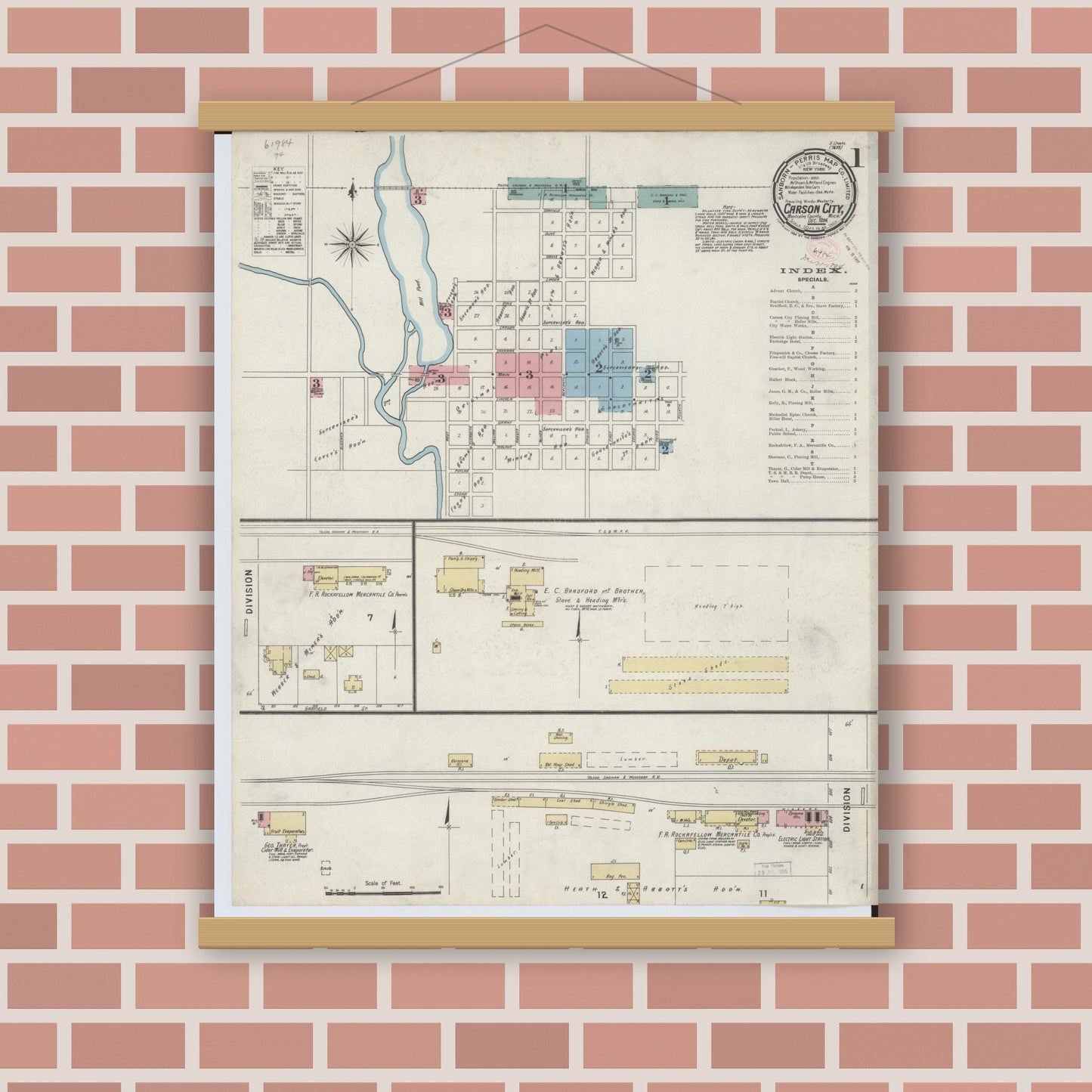 Old map wall art mockup — magnetic wood frame on brick wall — Sanborn Fire Insurance Map from Carson City, Montcalm County, Michigan (1894) - Complete Map Set