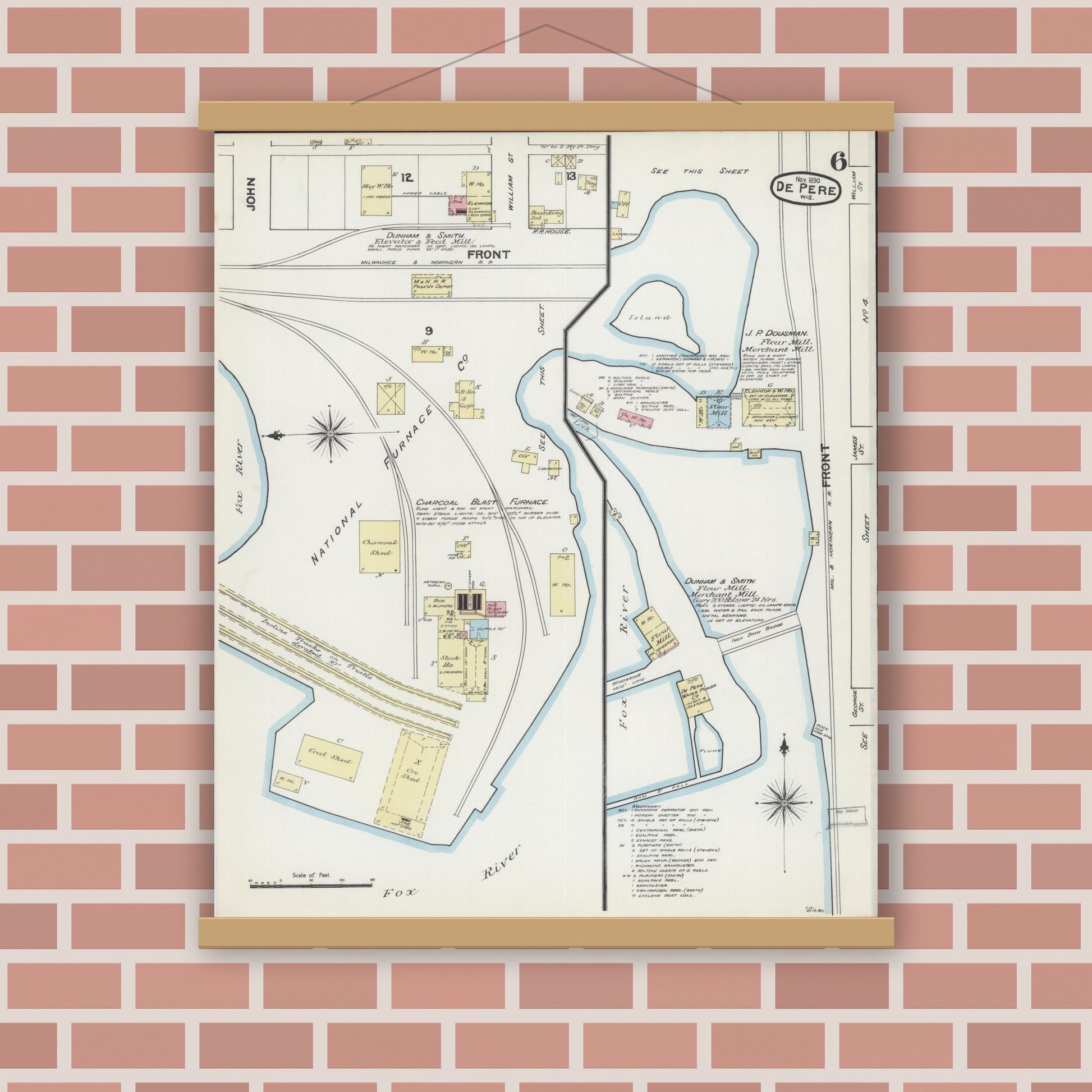 Old map wall art mockup — magnetic wood frame on brick wall — Sanborn Fire Insurance Map from De Pere, Brown County, Wisconsin (1890), Sheet #0006