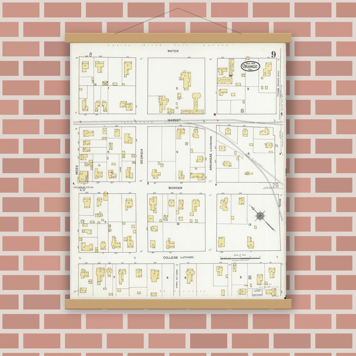 Old map wall art mockup — magnetic wood frame on brick wall — Sanborn Fire Insurance Map from Orange, Orange County, Texas (1919), Sheet #0009