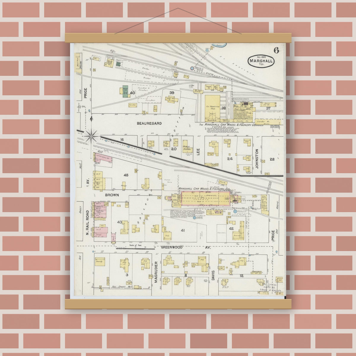 Old map wall art mockup — magnetic wood frame on brick wall — Sanborn Fire Insurance Map from Marshall, Harrison County, Texas (1889), Sheet #0006