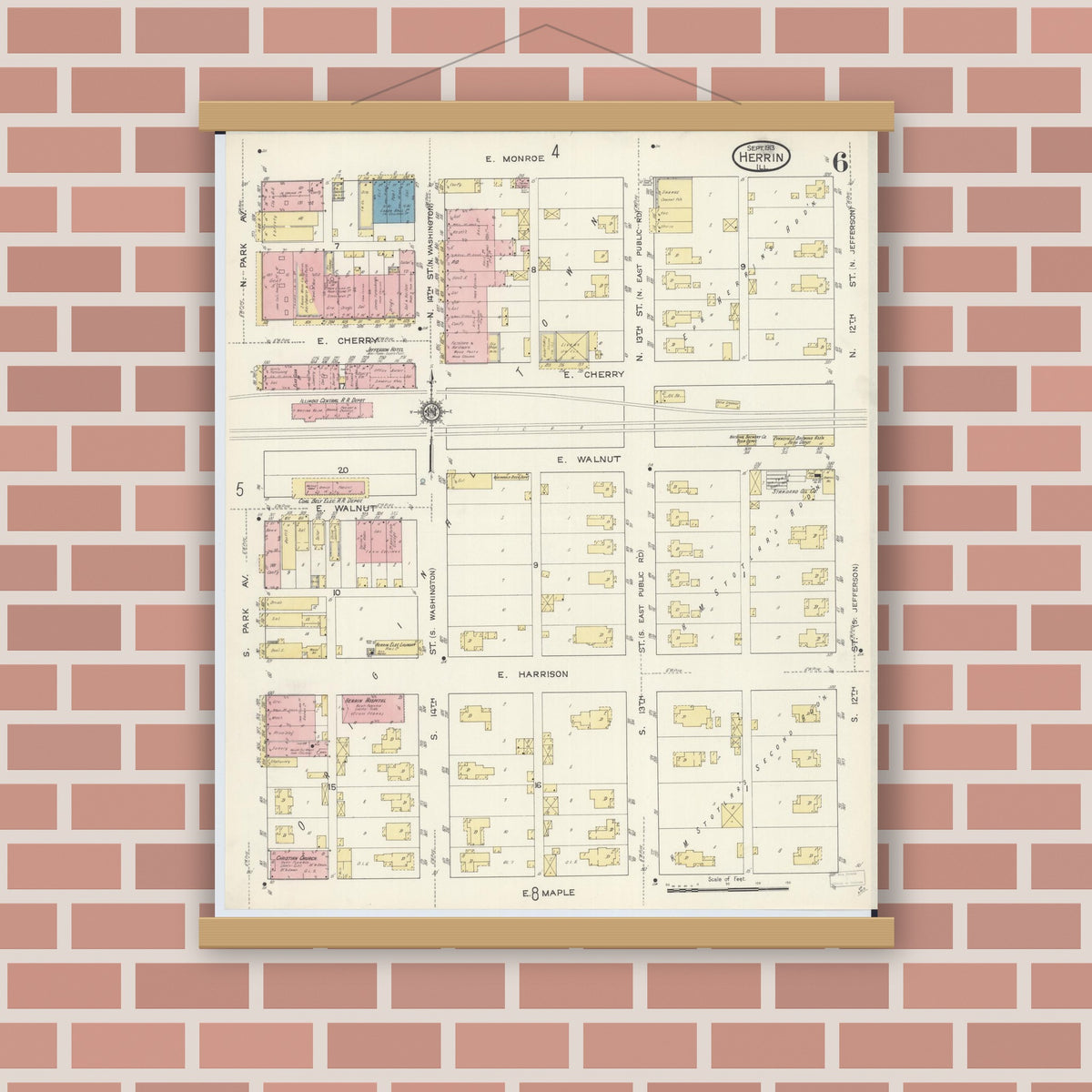 Old map wall art mockup — magnetic wood frame on brick wall — Sanborn Fire Insurance Map from Herrin, Williamson County, Illinois (1913), Sheet #0006