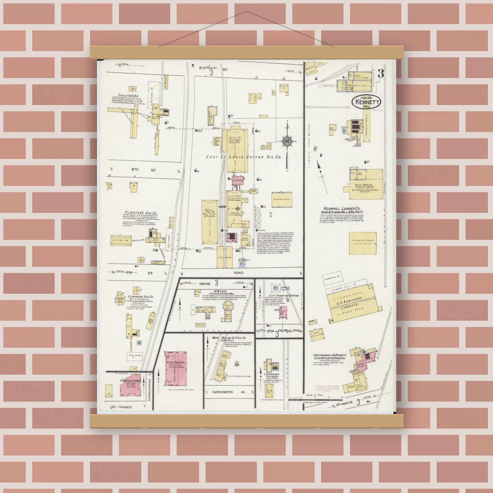 Old map wall art mockup — magnetic wood frame on brick wall — Sanborn Fire Insurance Map from Kennett, Dunklin County, Missouri (1919), Sheet #0003