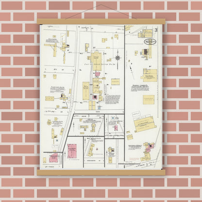 Old map wall art mockup — magnetic wood frame on brick wall — Sanborn Fire Insurance Map from Kennett, Dunklin County, Missouri (1919), Sheet #0003