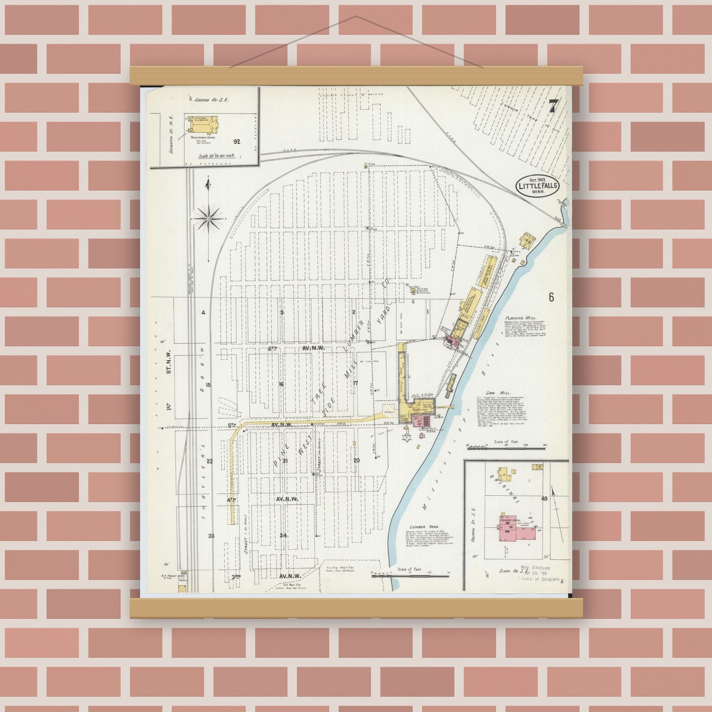 Old map wall art mockup — magnetic wood frame on brick wall — Sanborn Fire Insurance Map from Little Falls, Morrison County, Minnesota (1902), Sheet #0007