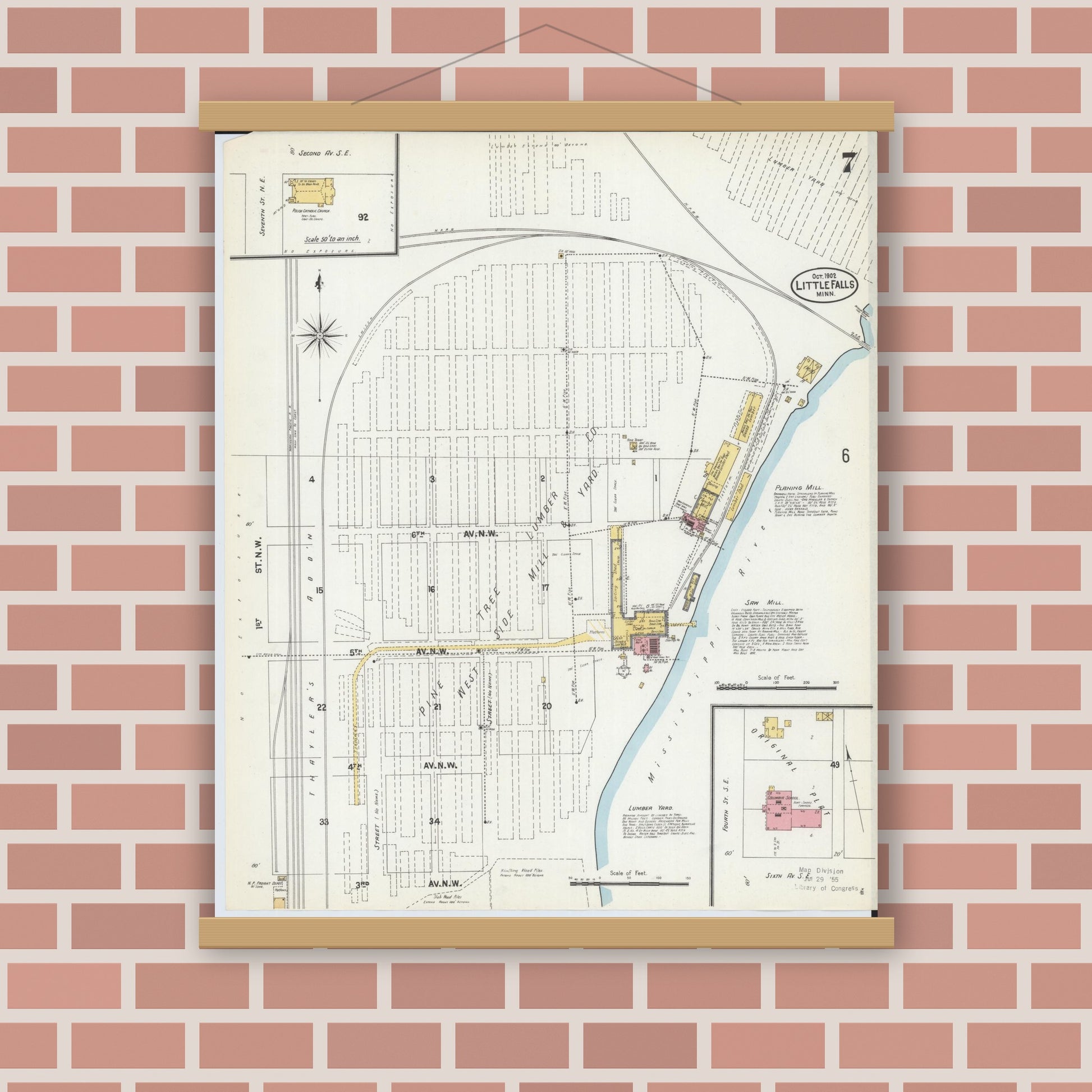 Old map wall art mockup — magnetic wood frame on brick wall — Sanborn Fire Insurance Map from Little Falls, Morrison County, Minnesota (1902), Sheet #0007