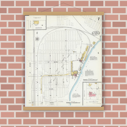 Old map wall art mockup — magnetic wood frame on brick wall — Sanborn Fire Insurance Map from Little Falls, Morrison County, Minnesota (1902), Sheet #0007