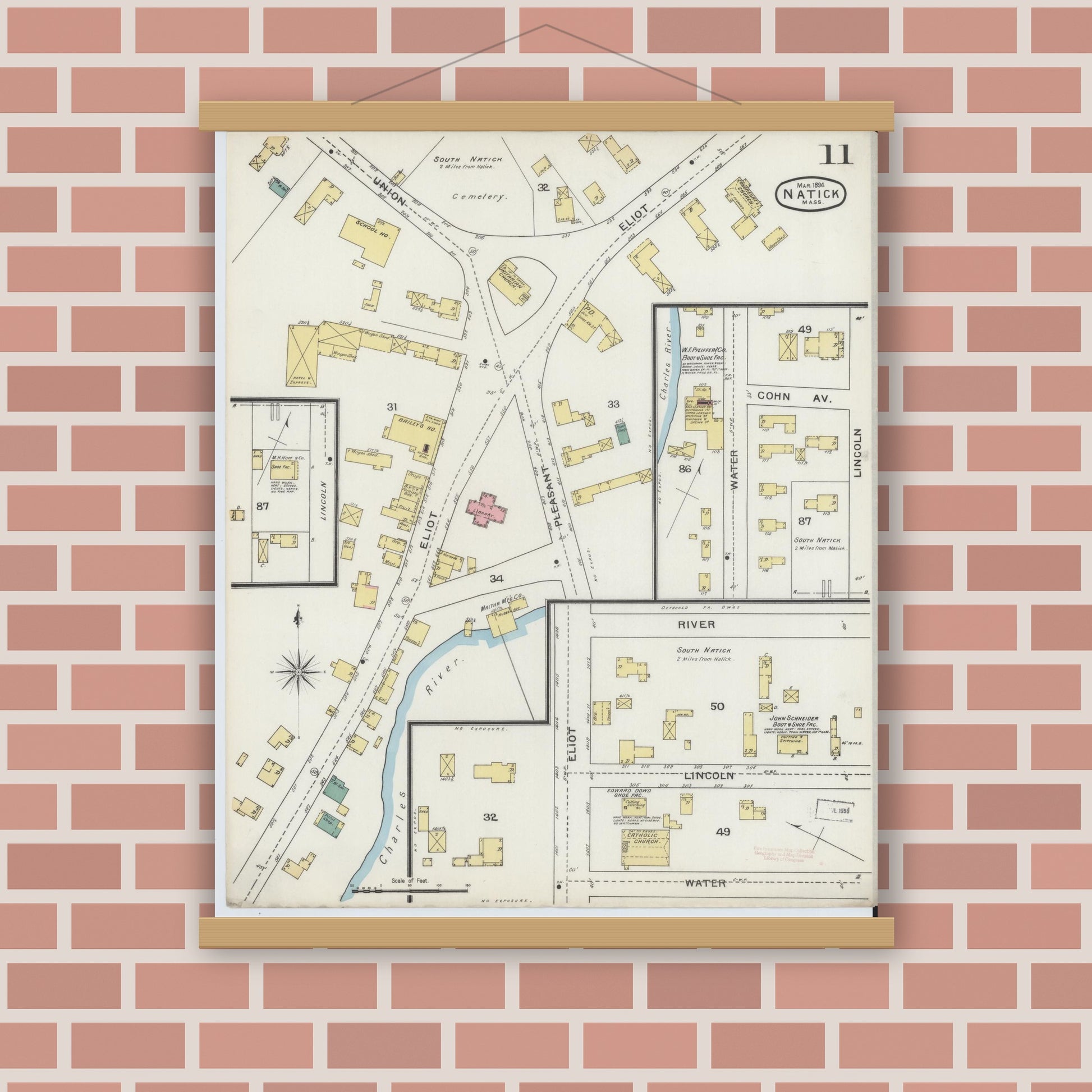 Old map wall art mockup — magnetic wood frame on brick wall — Sanborn Fire Insurance Map from Natick, Middlesex County, Massachusetts (1894), Sheet #0011