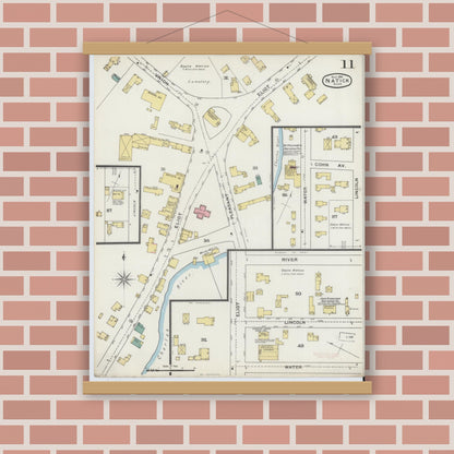Old map wall art mockup — magnetic wood frame on brick wall — Sanborn Fire Insurance Map from Natick, Middlesex County, Massachusetts (1894), Sheet #0011