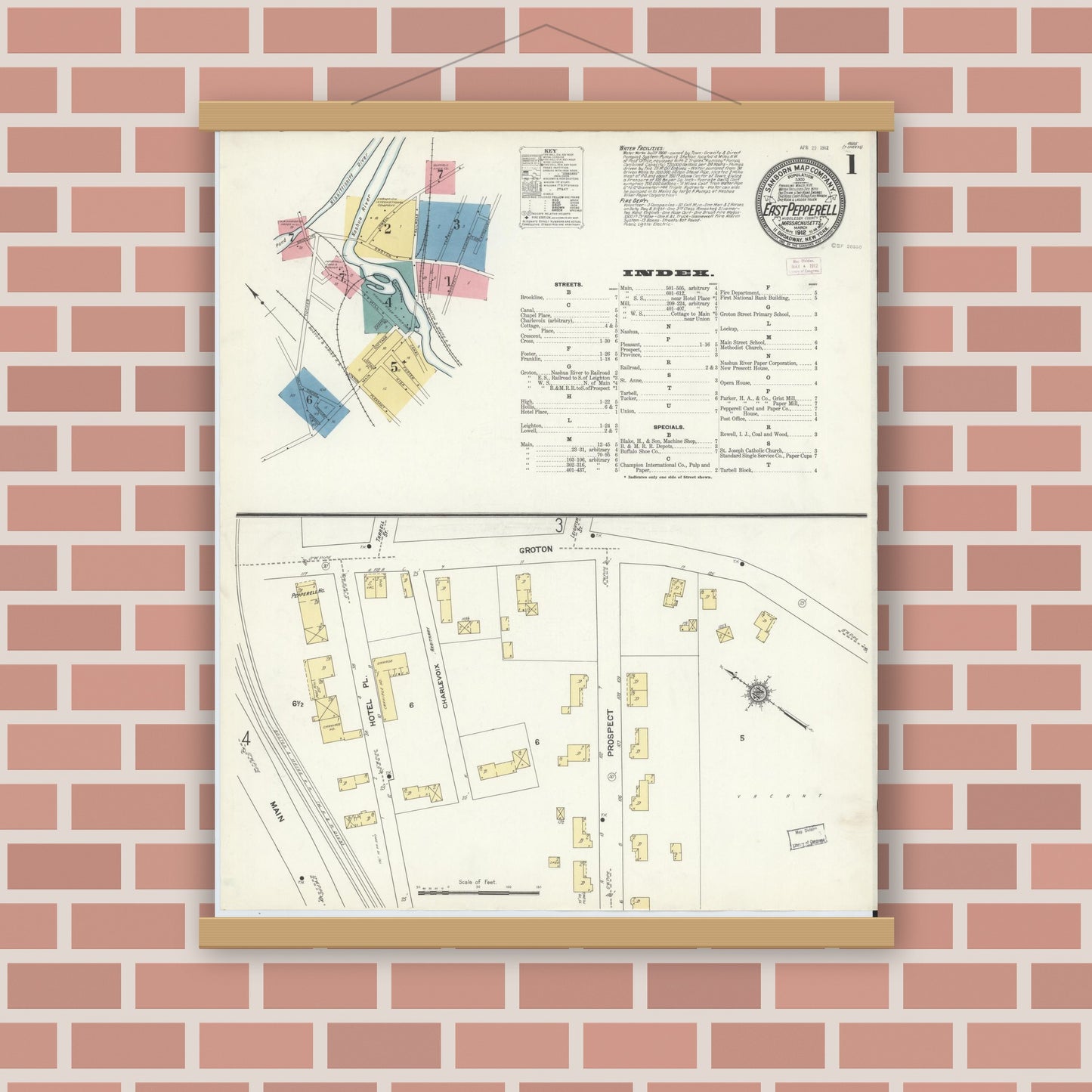 Old map wall art mockup — magnetic wood frame on brick wall — Sanborn Fire Insurance Map from East Pepperell, Middlesex County, Massachusetts (1912) - Complete Map Set