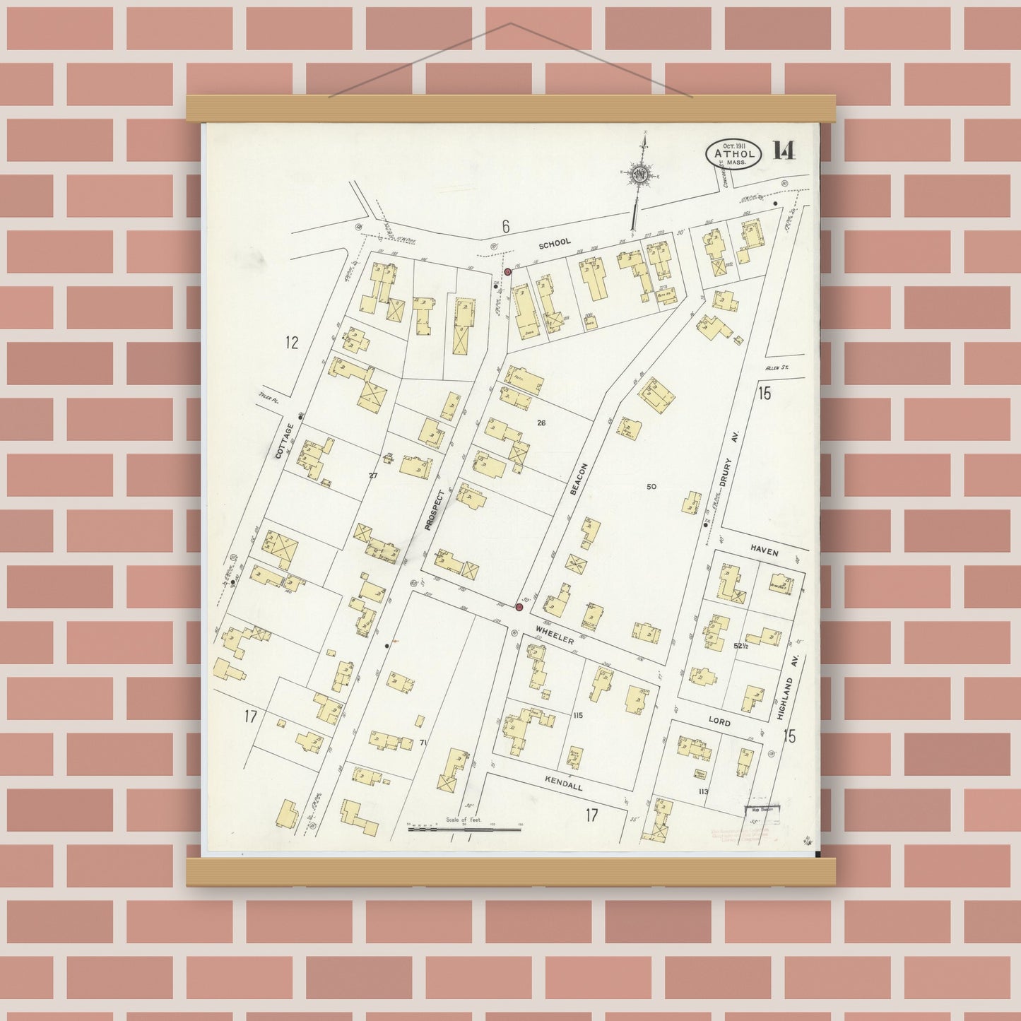 Old map wall art mockup — magnetic wood frame on brick wall — Sanborn Fire Insurance Map from Athol, Worcester County, Massachusetts (1911), Sheet #0014