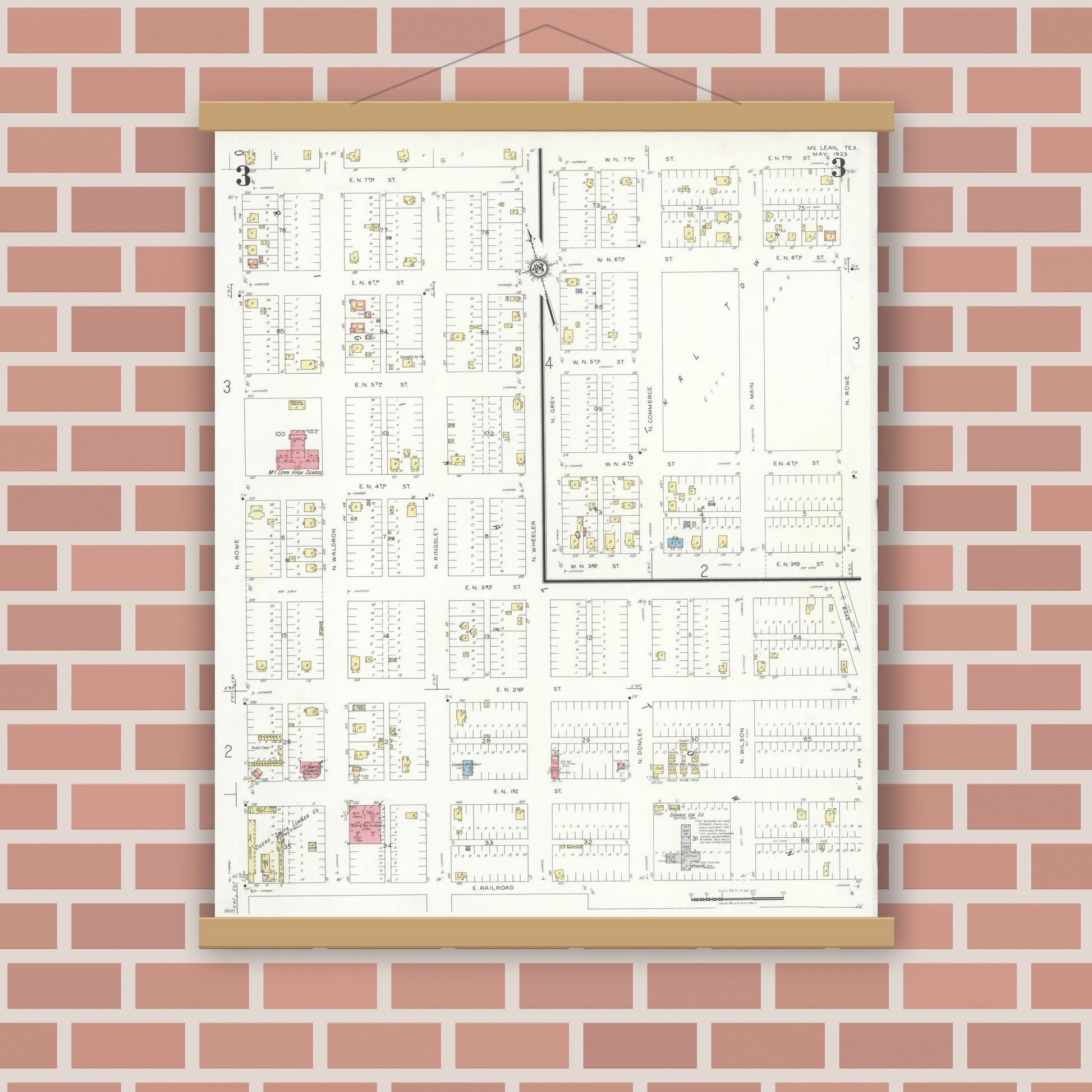 Old map wall art mockup — magnetic wood frame on brick wall — Sanborn Fire Insurance Map from McLean, Gray County, Texas (1933), Sheet #0003