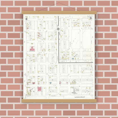 Old map wall art mockup — magnetic wood frame on brick wall — Sanborn Fire Insurance Map from McLean, Gray County, Texas (1933), Sheet #0003