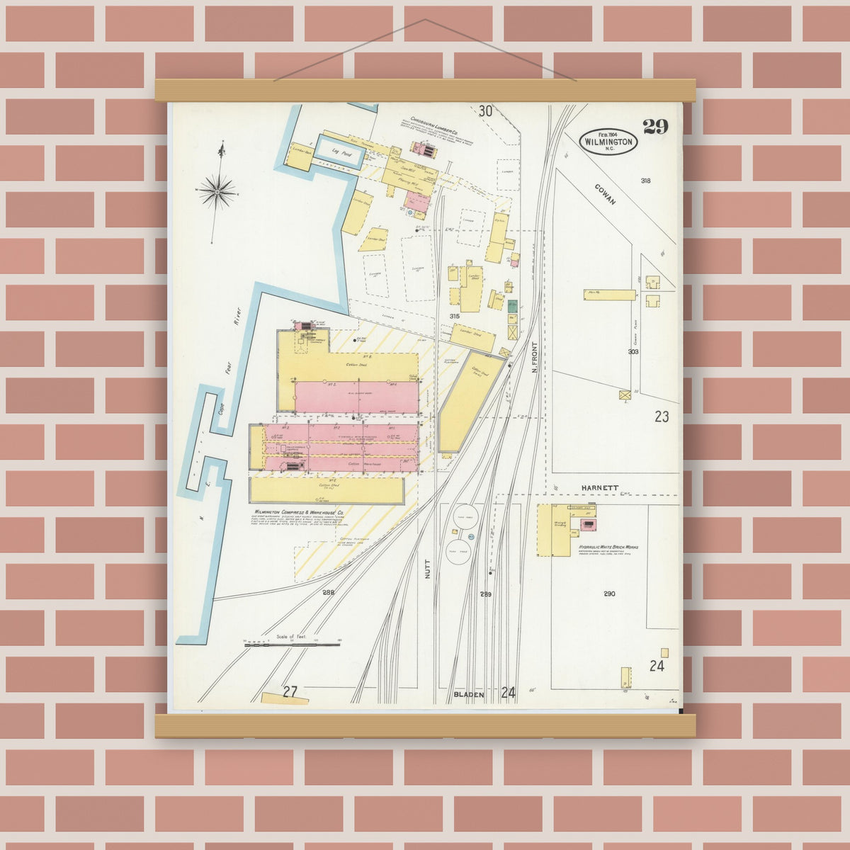 Old map wall art mockup — magnetic wood frame on brick wall — Sanborn Fire Insurance Map from Wilmington, New Hanover County, North Carolina (1904), Sheet #0029