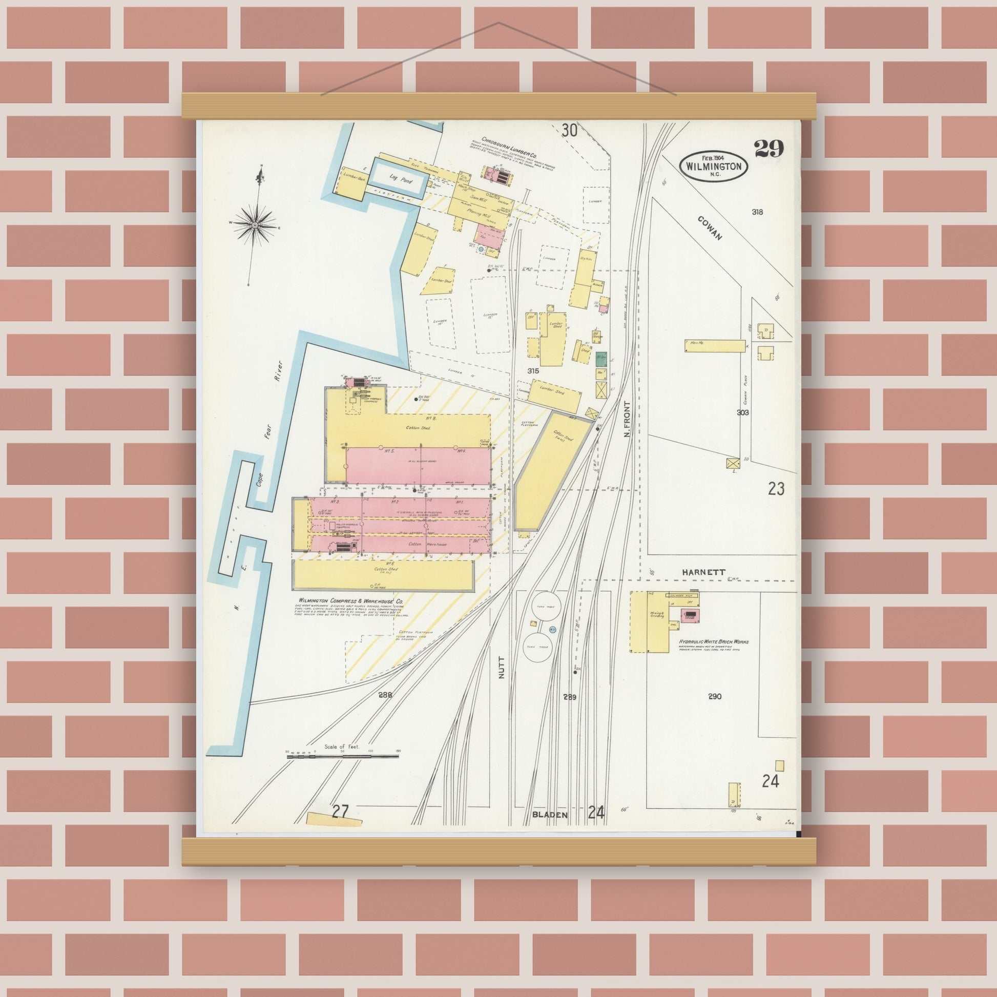 Old map wall art mockup — magnetic wood frame on brick wall — Sanborn Fire Insurance Map from Wilmington, New Hanover County, North Carolina (1904), Sheet #0029