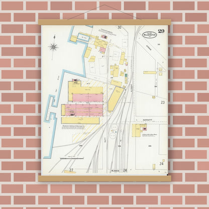 Old map wall art mockup — magnetic wood frame on brick wall — Sanborn Fire Insurance Map from Wilmington, New Hanover County, North Carolina (1904), Sheet #0029