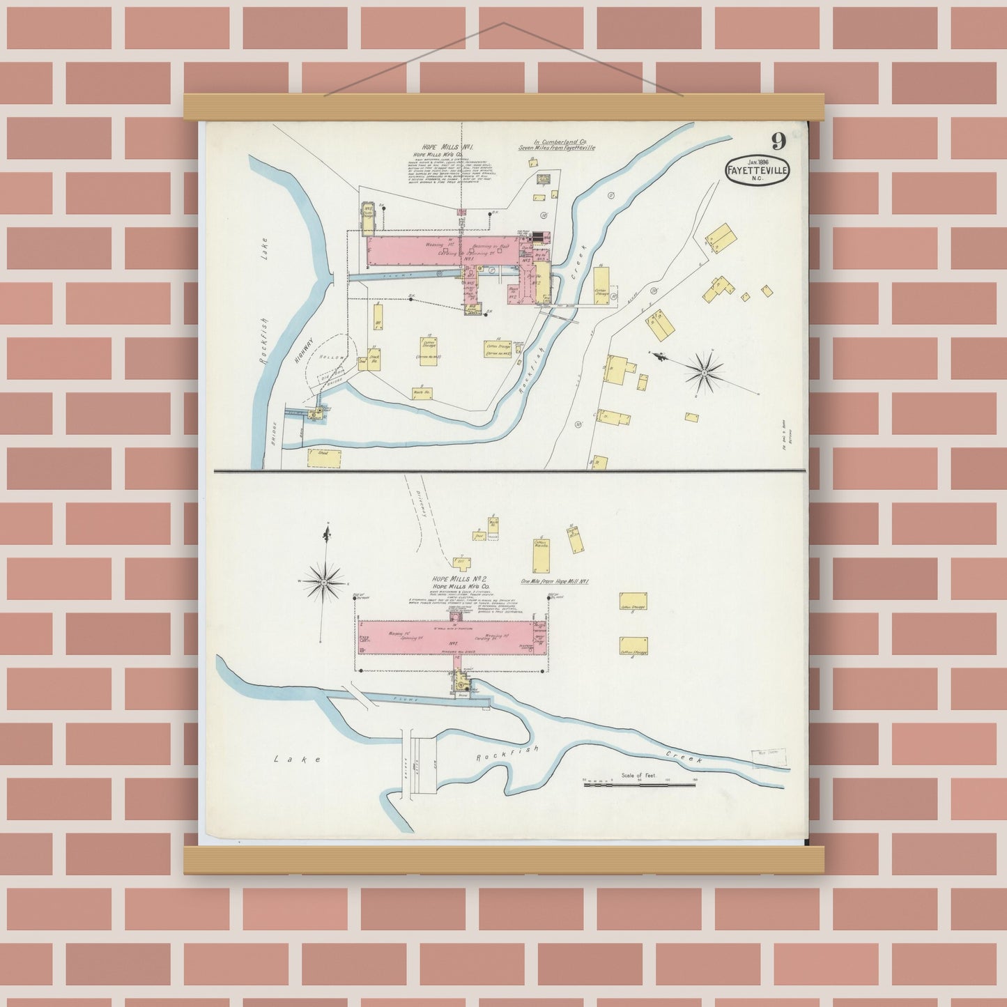 Old map wall art mockup — magnetic wood frame on brick wall — Sanborn Fire Insurance Map from Fayetteville, Cumberland County, North Carolina (1896), Sheet #0009