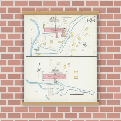 Old map wall art mockup — magnetic wood frame on brick wall — Sanborn Fire Insurance Map from Fayetteville, Cumberland County, North Carolina (1896), Sheet #0009