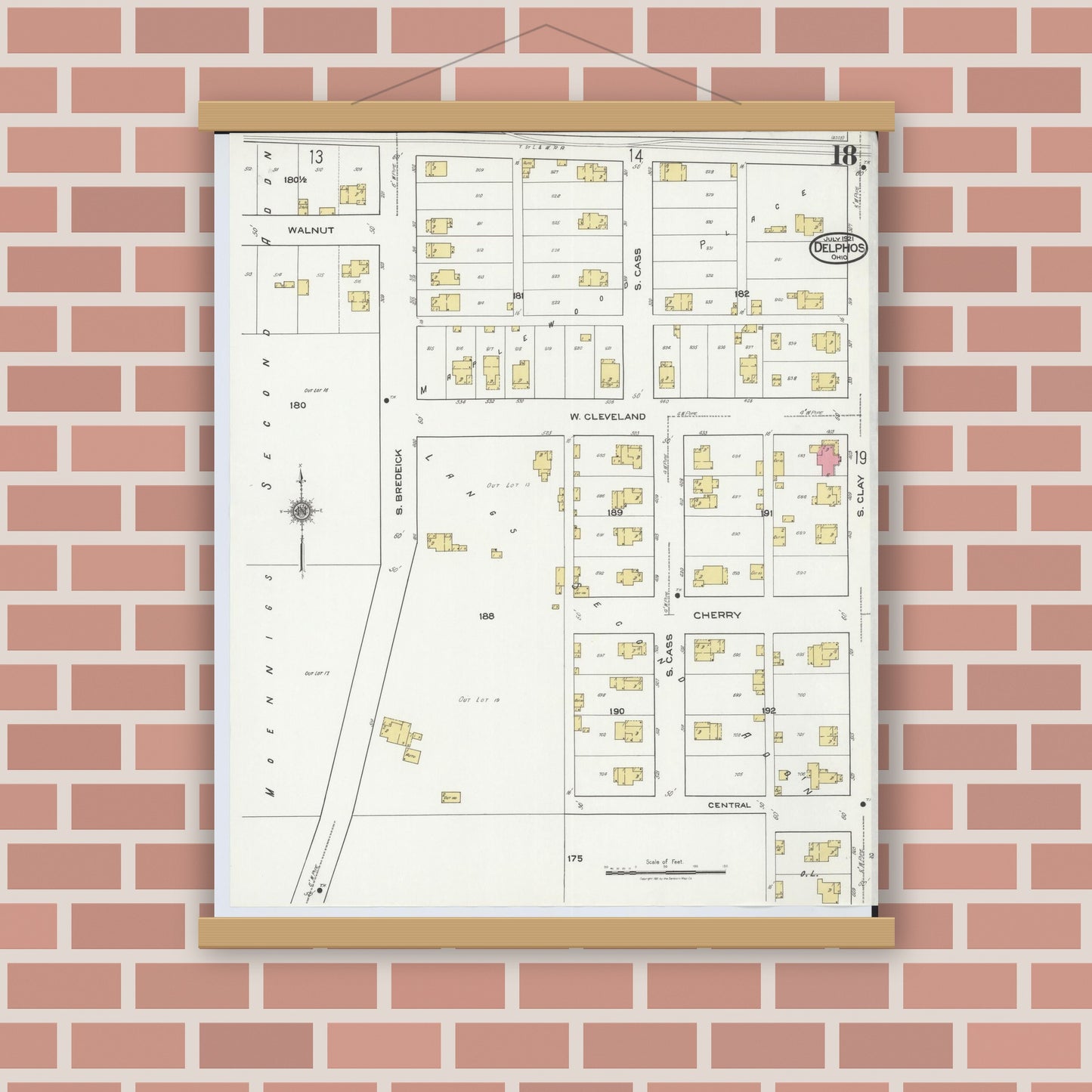 Old map wall art mockup — magnetic wood frame on brick wall — Sanborn Fire Insurance Map from Delphos, Van Wert And Allen Counties, Ohio (1921), Sheet #0018