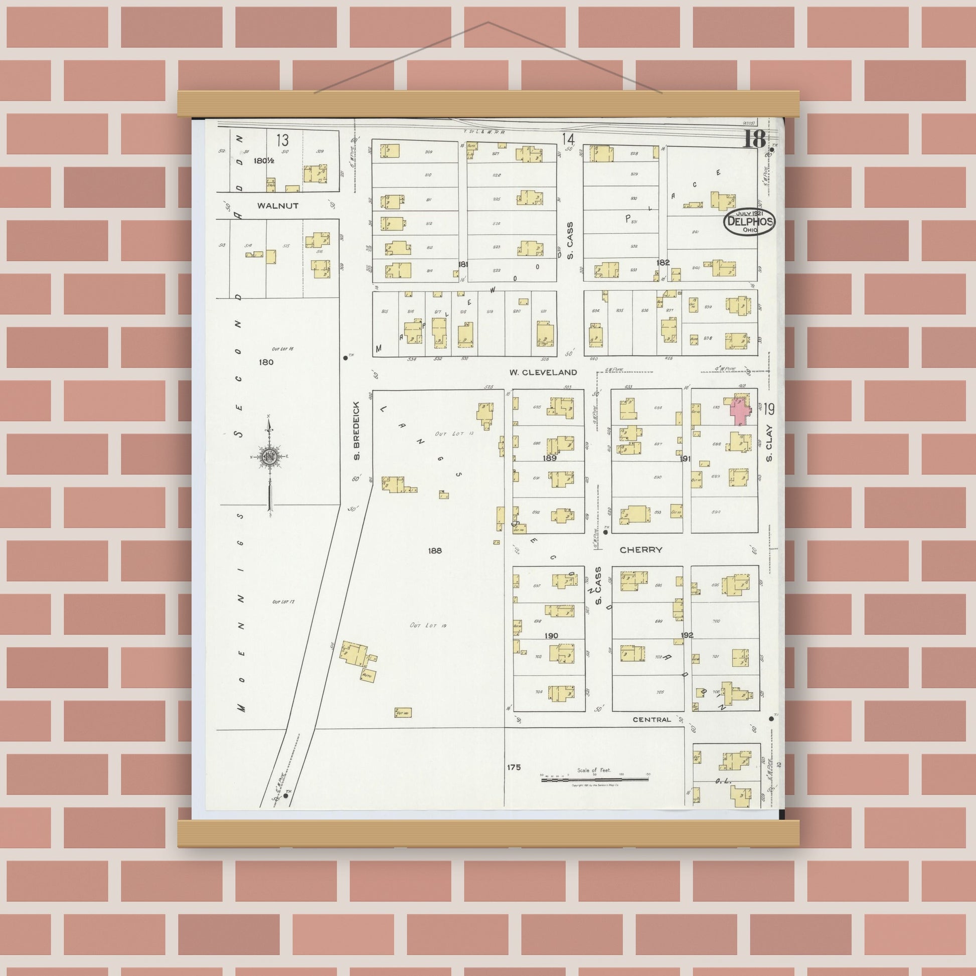 Old map wall art mockup — magnetic wood frame on brick wall — Sanborn Fire Insurance Map from Delphos, Van Wert And Allen Counties, Ohio (1921), Sheet #0018