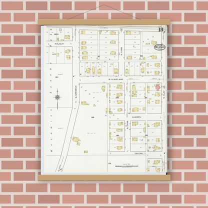 Old map wall art mockup — magnetic wood frame on brick wall — Sanborn Fire Insurance Map from Delphos, Van Wert And Allen Counties, Ohio (1921), Sheet #0018