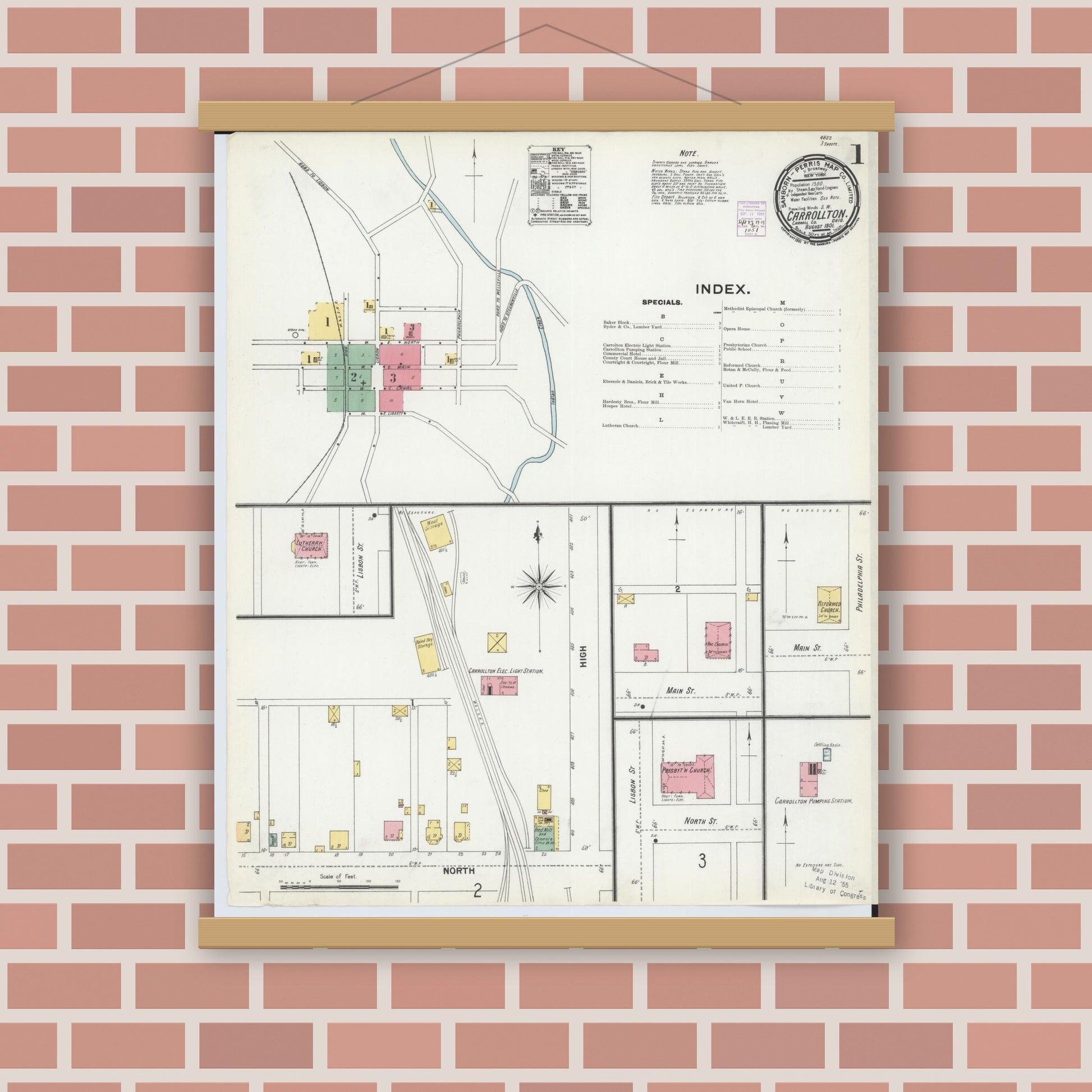 Old map wall art mockup — magnetic wood frame on brick wall — Sanborn Fire Insurance Map from Carrollton, Carroll County, Ohio (1901) - Complete Map Set