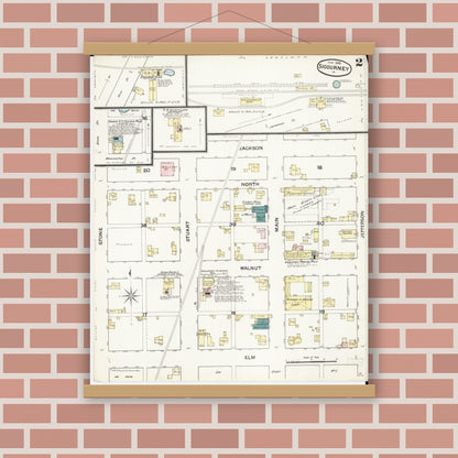 Old map wall art mockup — magnetic wood frame on brick wall — Sanborn Fire Insurance Map from Sigourney, Kiokuk County, Iowa (1888), Sheet #0002