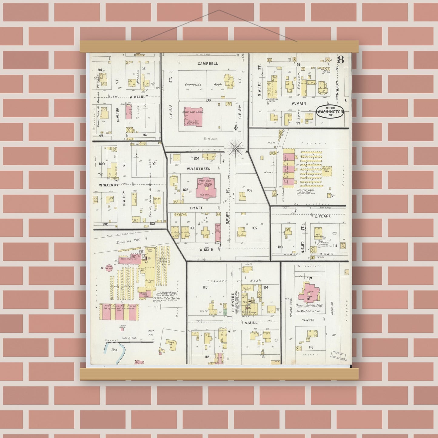 Old map wall art mockup — magnetic wood frame on brick wall — Sanborn Fire Insurance Map from Washington, Daviess County, Indiana (1896), Sheet #0008
