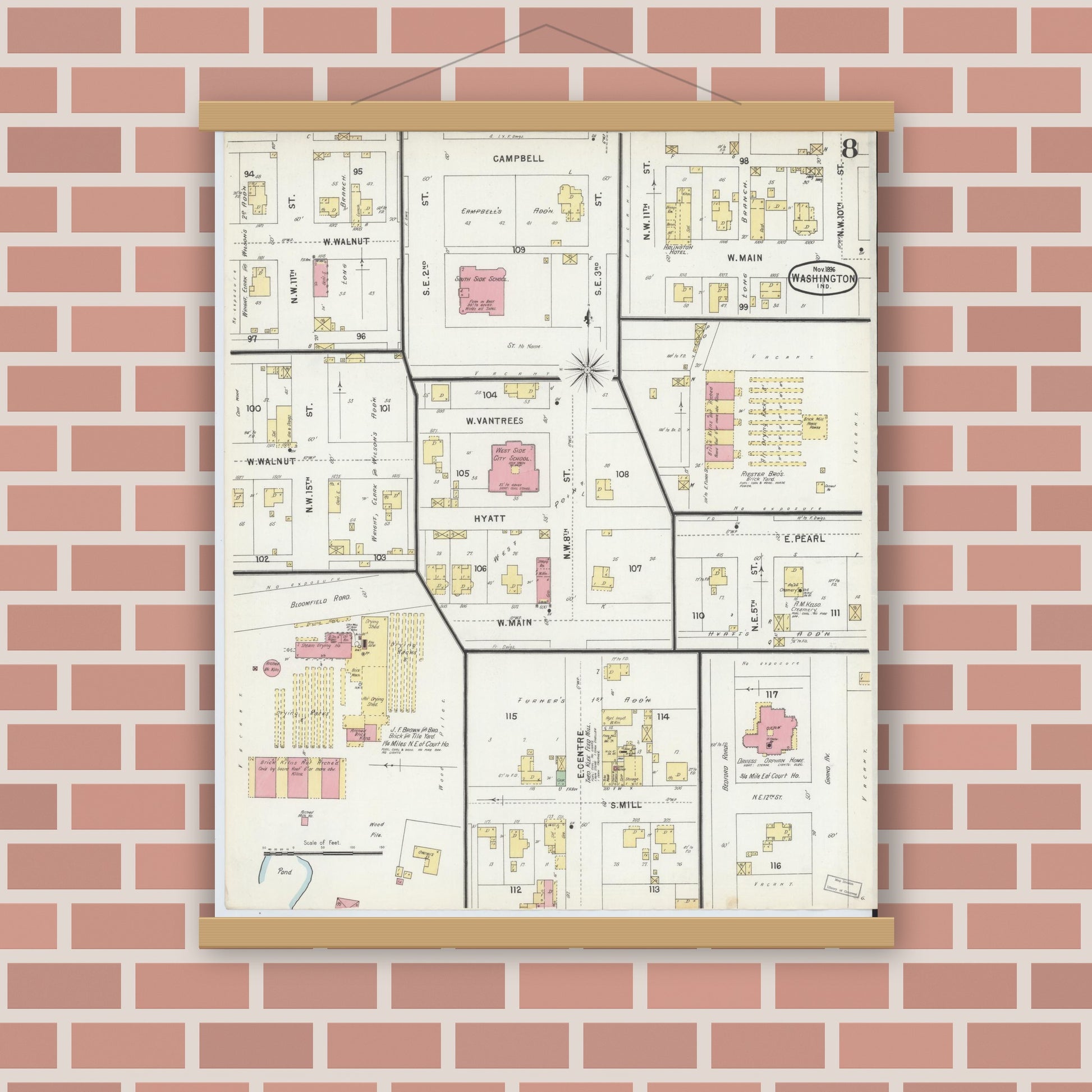 Old map wall art mockup — magnetic wood frame on brick wall — Sanborn Fire Insurance Map from Washington, Daviess County, Indiana (1896), Sheet #0008