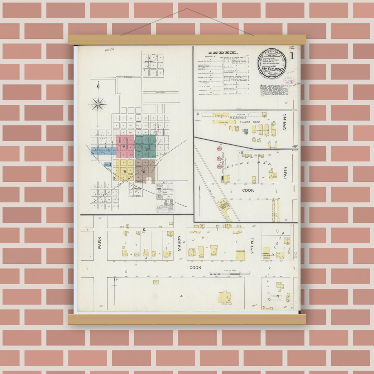 Old map wall art mockup — magnetic wood frame on brick wall — Sanborn Fire Insurance Map from Mount Pulaski, Logan County, Illinois (1893), Sheet #0001