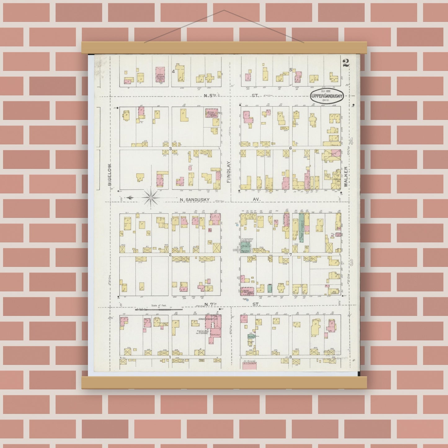 Old map wall art mockup — magnetic wood frame on brick wall — Sanborn Fire Insurance Map from Upper Sandusky, Wyandot County, Ohio (1892), Sheet #0002