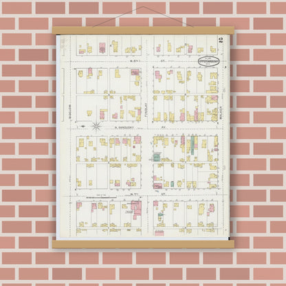Old map wall art mockup — magnetic wood frame on brick wall — Sanborn Fire Insurance Map from Upper Sandusky, Wyandot County, Ohio (1892), Sheet #0002