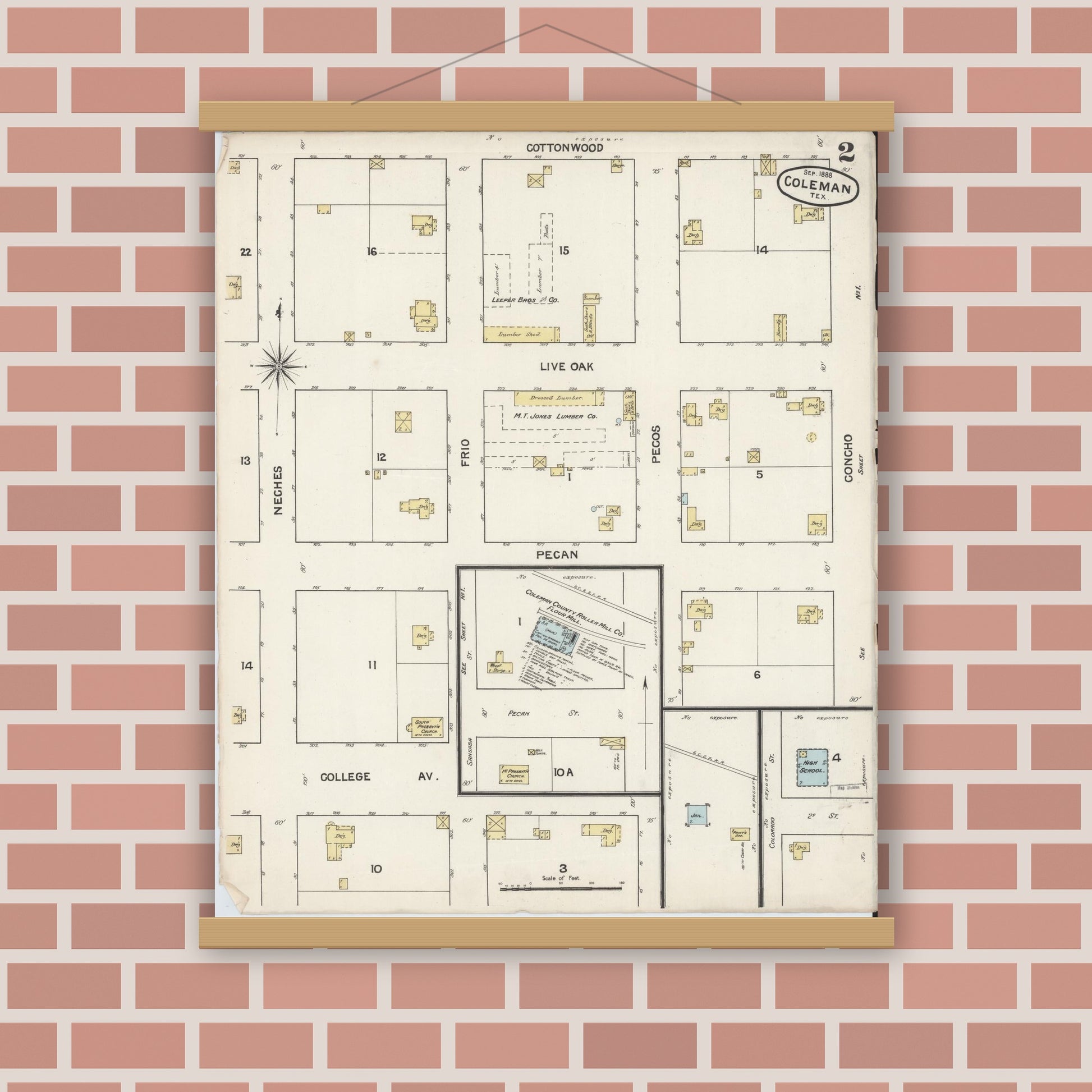 Old map wall art mockup — magnetic wood frame on brick wall — Sanborn Fire Insurance Map from Coleman, Coleman County, Texas (1888), Sheet #0002
