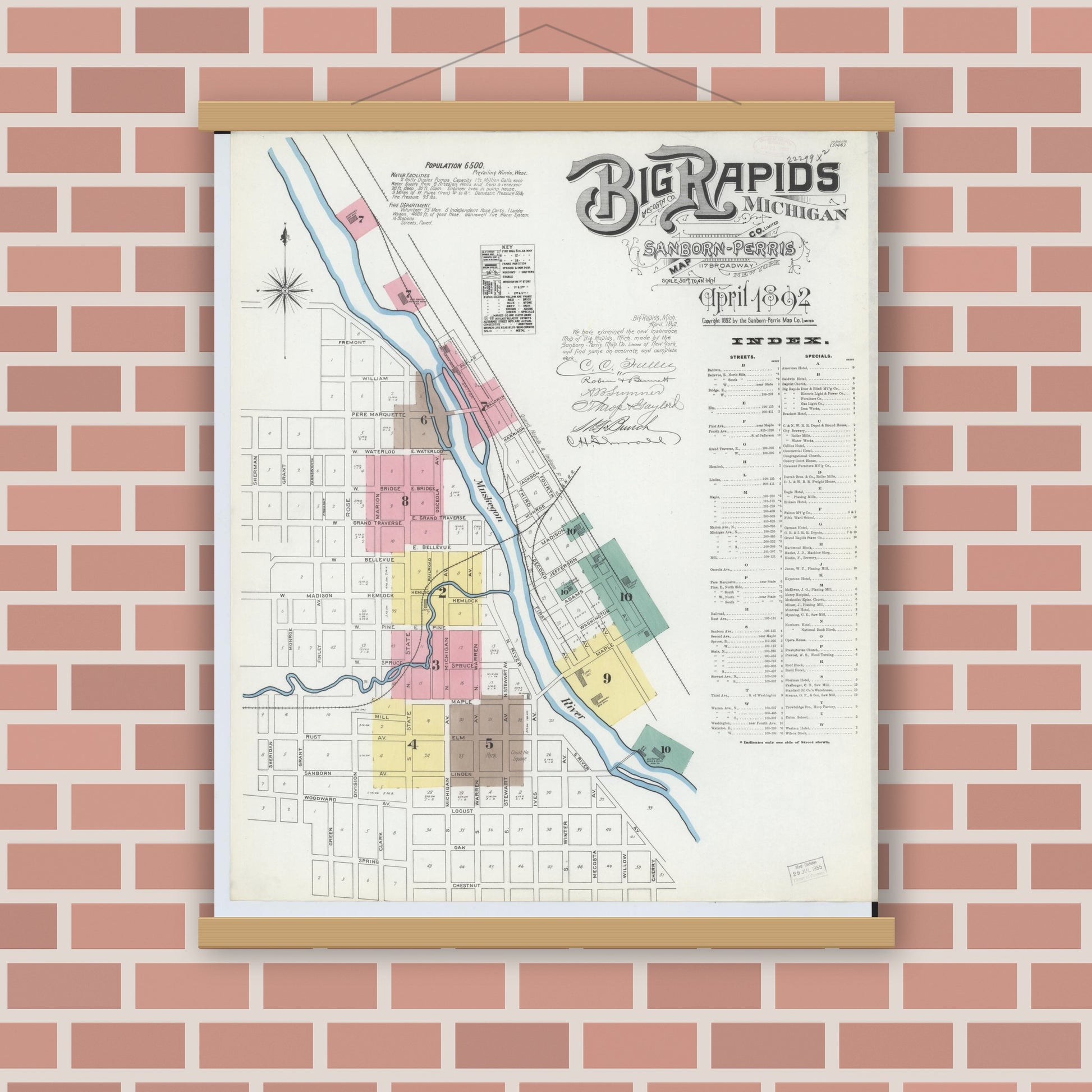 Old map wall art mockup — magnetic wood frame on brick wall — Sanborn Fire Insurance Map from Big Rapids, Mecosta County, Michigan (1892), Sheet #0001