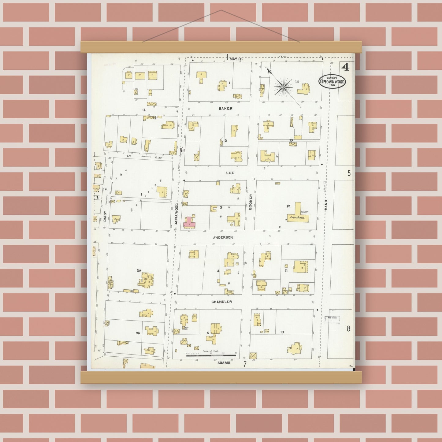 Old map wall art mockup — magnetic wood frame on brick wall — Sanborn Fire Insurance Map from Brownwood, Brown County, Texas (1904), Sheet #0004