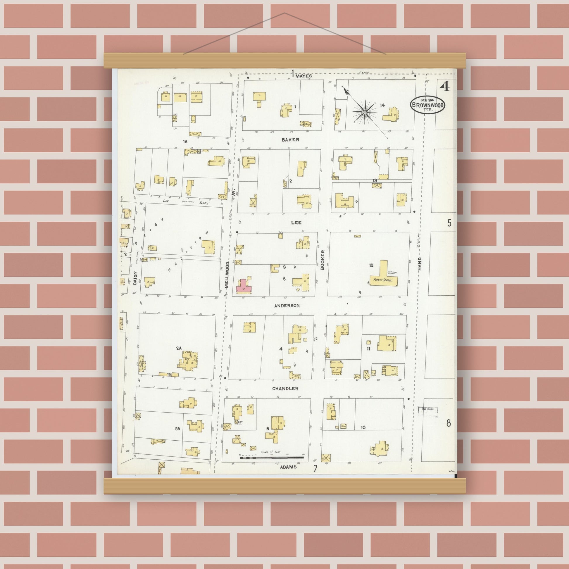 Old map wall art mockup — magnetic wood frame on brick wall — Sanborn Fire Insurance Map from Brownwood, Brown County, Texas (1904), Sheet #0004