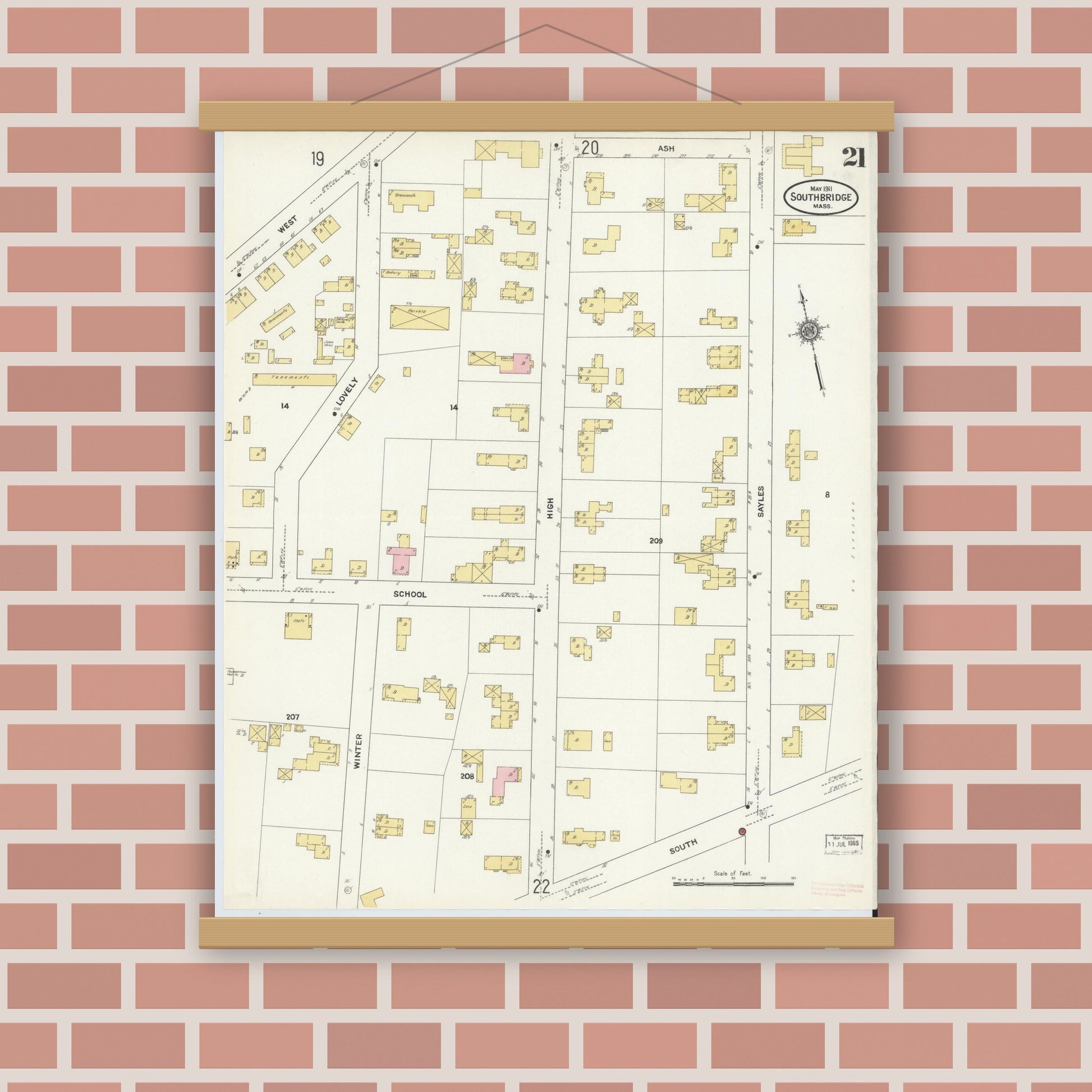 Old map wall art mockup — magnetic wood frame on brick wall — Sanborn Fire Insurance Map from Southbridge, Worcester County, Massachusetts (1911), Sheet #0021
