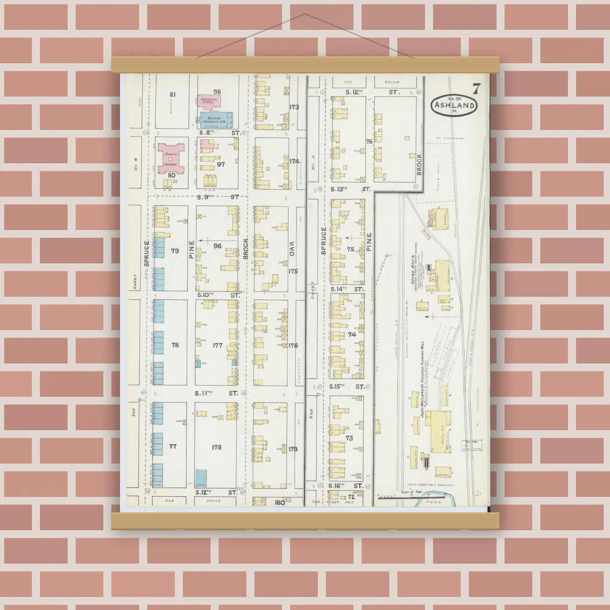 Old map wall art mockup — magnetic wood frame on brick wall — Sanborn Fire Insurance Map from Ashland, Schuylkill County, Pennsylvania (1891), Sheet #0007
