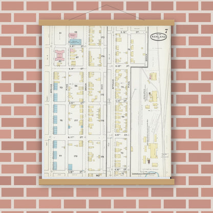 Old map wall art mockup — magnetic wood frame on brick wall — Sanborn Fire Insurance Map from Ashland, Schuylkill County, Pennsylvania (1891), Sheet #0007