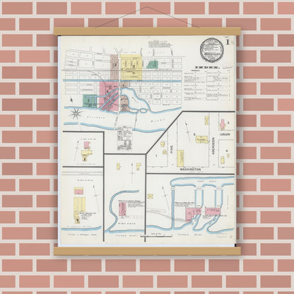Old map wall art mockup — magnetic wood frame on brick wall — Sanborn Fire Insurance Map from Marseilles, La Salle County, Illinois (1892), Sheet #0001