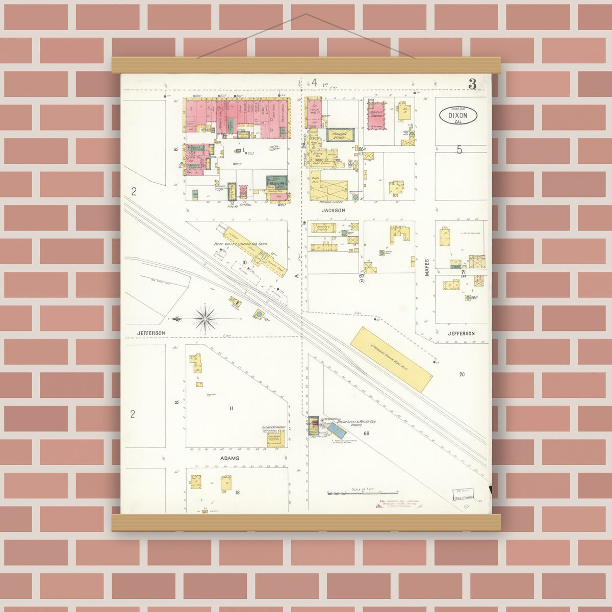 Old map wall art mockup — magnetic wood frame on brick wall — Sanborn Fire Insurance Map from Dixon, Solano County, California (1900), Sheet #0003