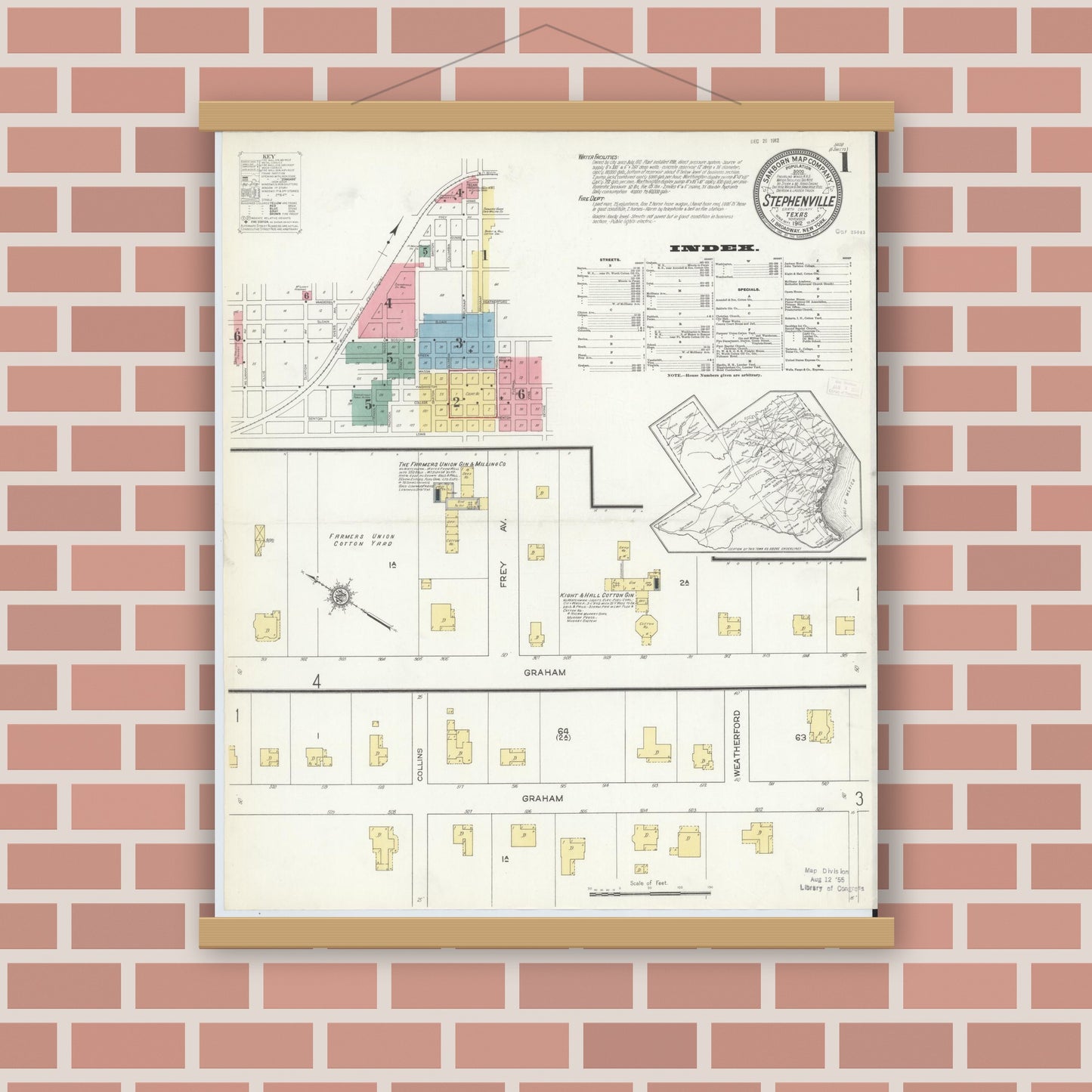 Old map wall art mockup — magnetic wood frame on brick wall — Sanborn Fire Insurance Map from Stephenville, Erath County, Texas (1912) - Complete Map Set